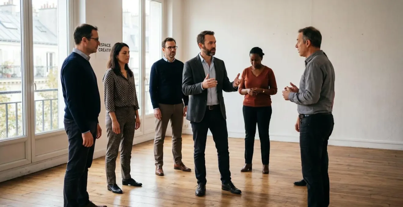 Atelier de formation en art oratoire pour managers dans une salle lumineuse à Paris, un formateur accompagne un groupe de professionnels pratiquant des exercices d'ancrage corporel et de respiration