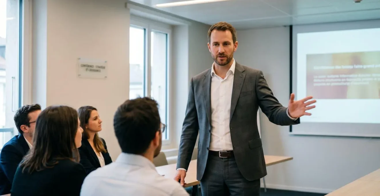 Manager dirigeant une présentation en salle de réunion, posture ancrée et geste de main dynamique, face à un petit auditoire attentif