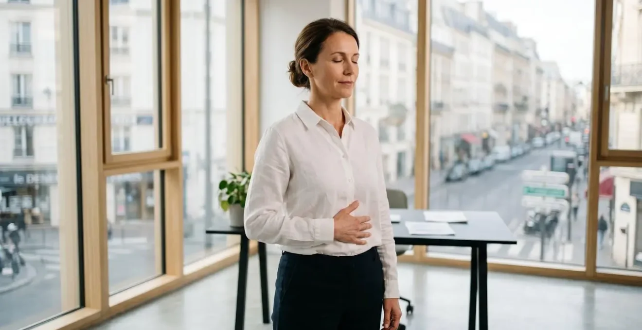 Manager pratiquant un exercice de respiration abdominale, main sur le ventre, yeux fermés, dans un environnement professionnel lumineux