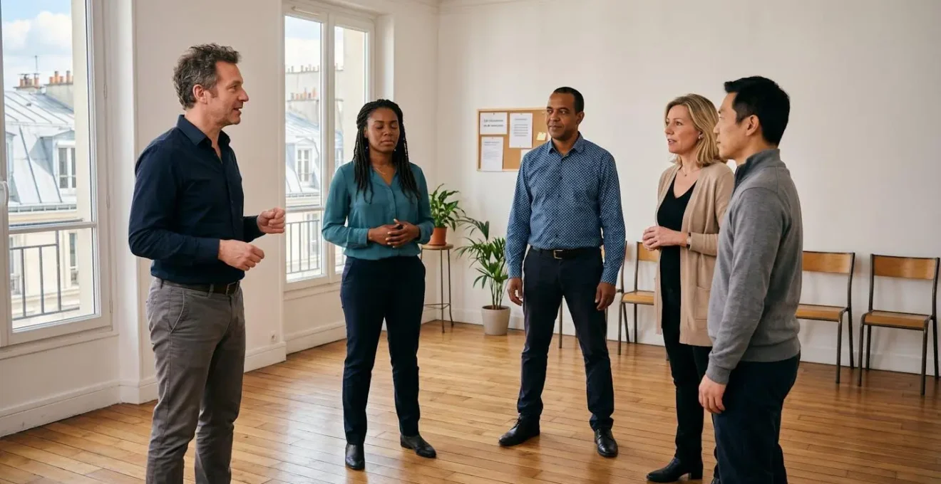 Atelier de formation en art oratoire pour managers dans une salle lumineuse à Paris, un formateur accompagne un groupe de professionnels pratiquant des exercices d'ancrage corporel et de respiration