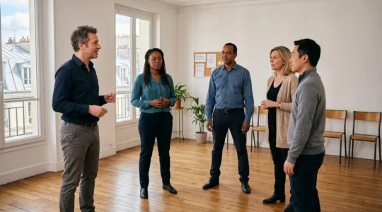 Atelier de formation en art oratoire pour managers dans une salle lumineuse à Paris, un formateur accompagne un groupe de professionnels pratiquant des exercices d'ancrage corporel et de respiration
