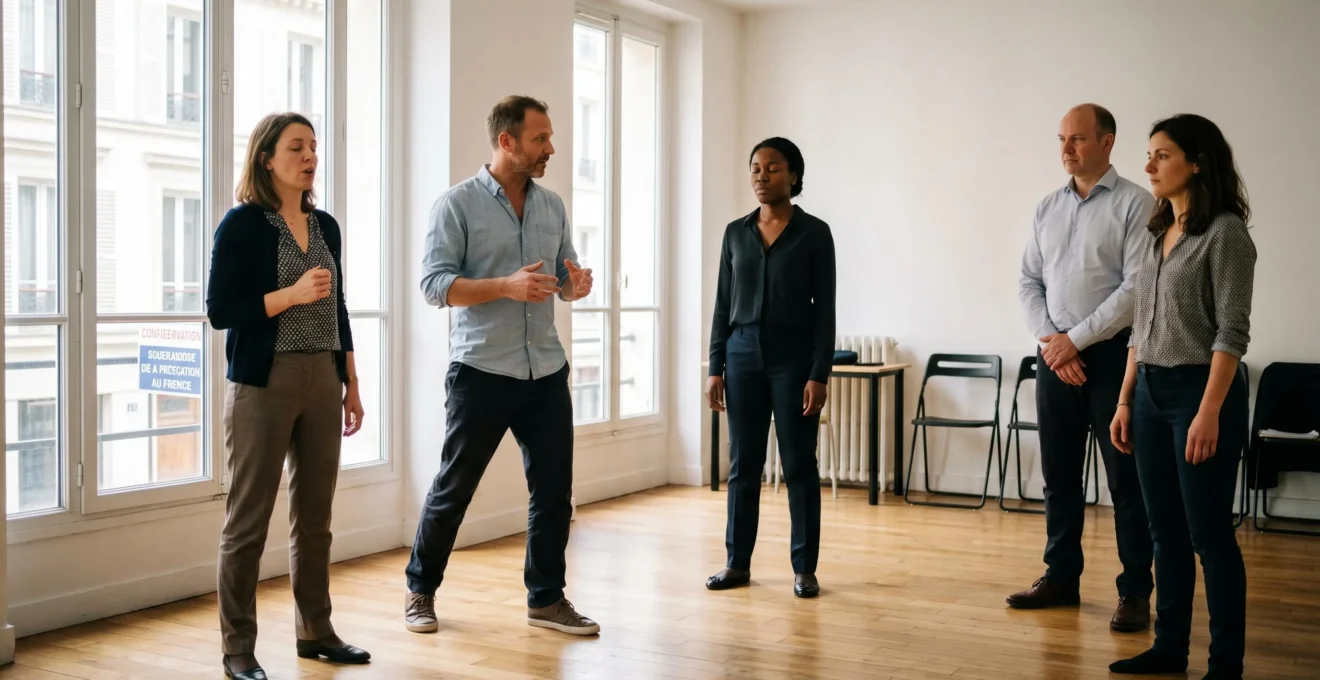 Atelier de formation en art oratoire pour managers dans une salle lumineuse à Paris, un formateur accompagne un groupe de professionnels pratiquant des exercices d'ancrage corporel et de respiration