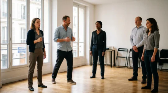 Atelier de formation en art oratoire pour managers dans une salle lumineuse à Paris, un formateur accompagne un groupe de professionnels pratiquant des exercices d'ancrage corporel et de respiration
