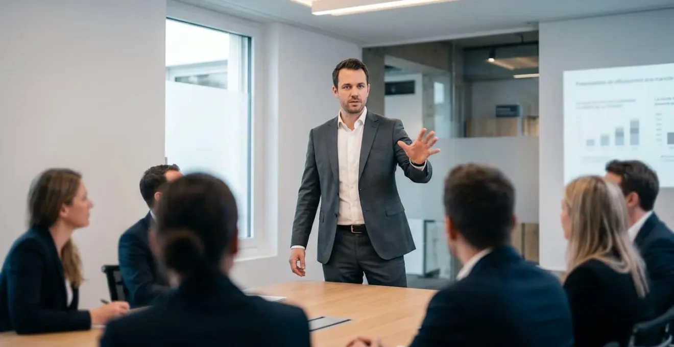 Manager dirigeant une présentation en salle de réunion, posture ancrée et geste de main dynamique, face à un petit auditoire attentif