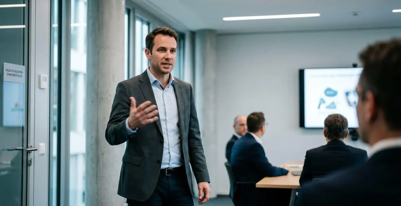 Manager dirigeant une présentation en salle de réunion, posture ancrée et geste de main dynamique, face à un petit auditoire attentif
