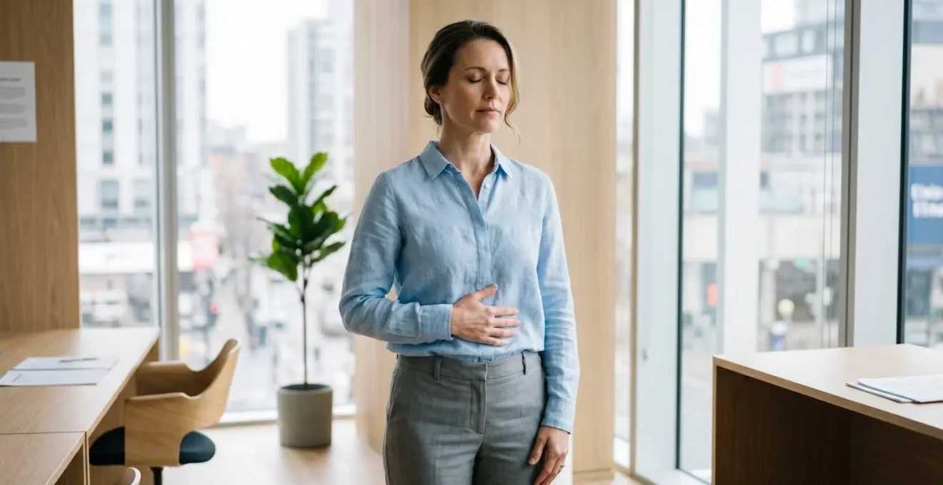 Manager pratiquant un exercice de respiration abdominale, main sur le ventre, yeux fermés, dans un environnement professionnel lumineux