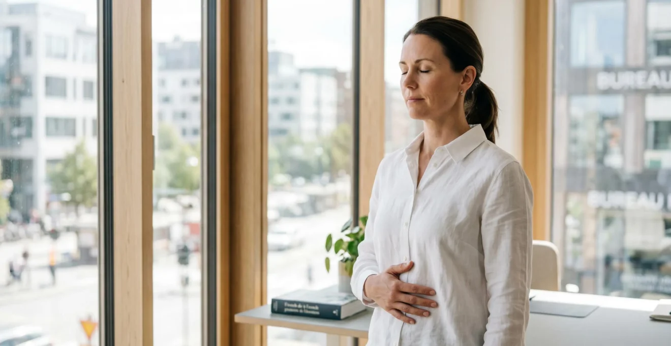 Manager pratiquant un exercice de respiration abdominale, main sur le ventre, yeux fermés, dans un environnement professionnel lumineux